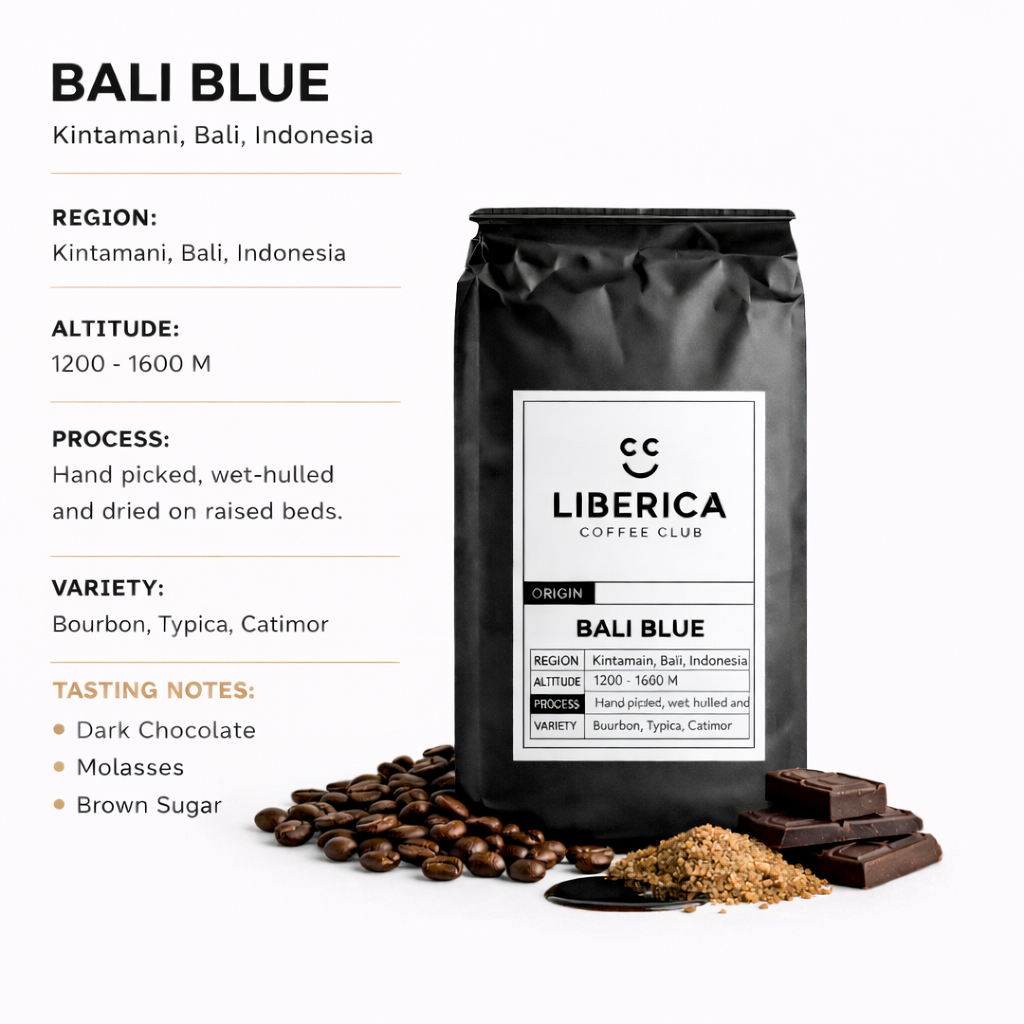Liberica Coffee Club Bali Blue coffee package with coffee beans and chocolate on a white background