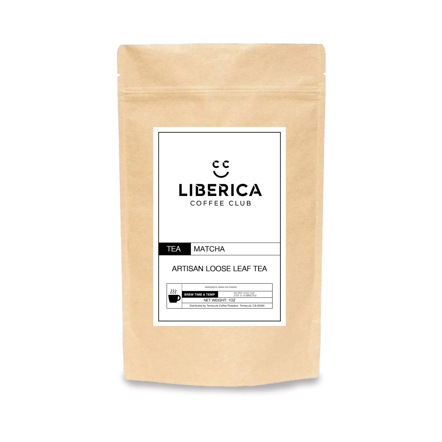 Kraft paper tea bag with a label for Liberica Coffee Club on a white background