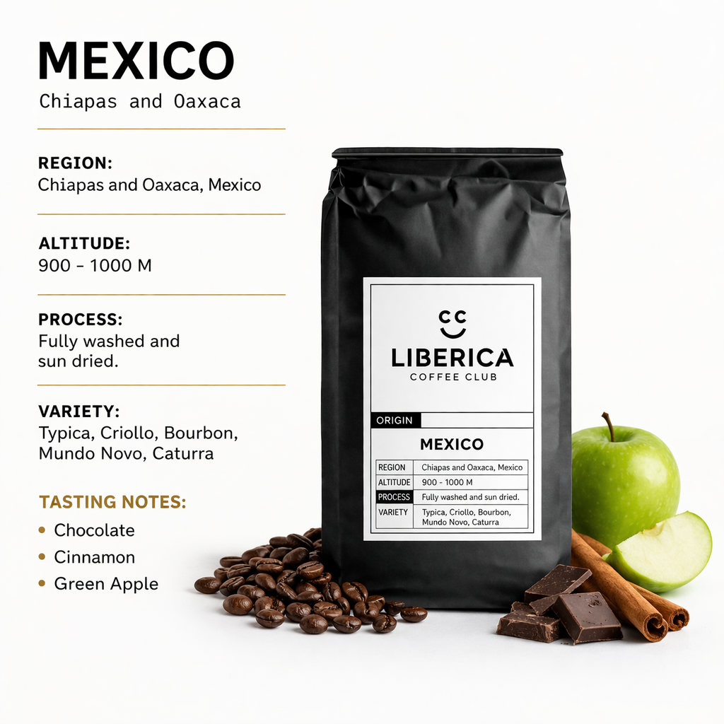 Liberica Coffee Club coffee bag with beans, apples, and chocolate on a white background