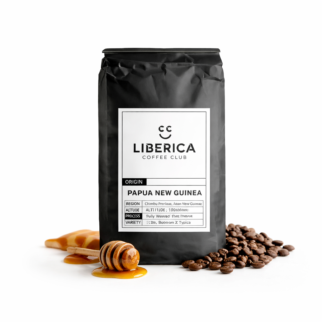 Liberica Coffee Club coffee bag with coffee beans and honey on a white background
