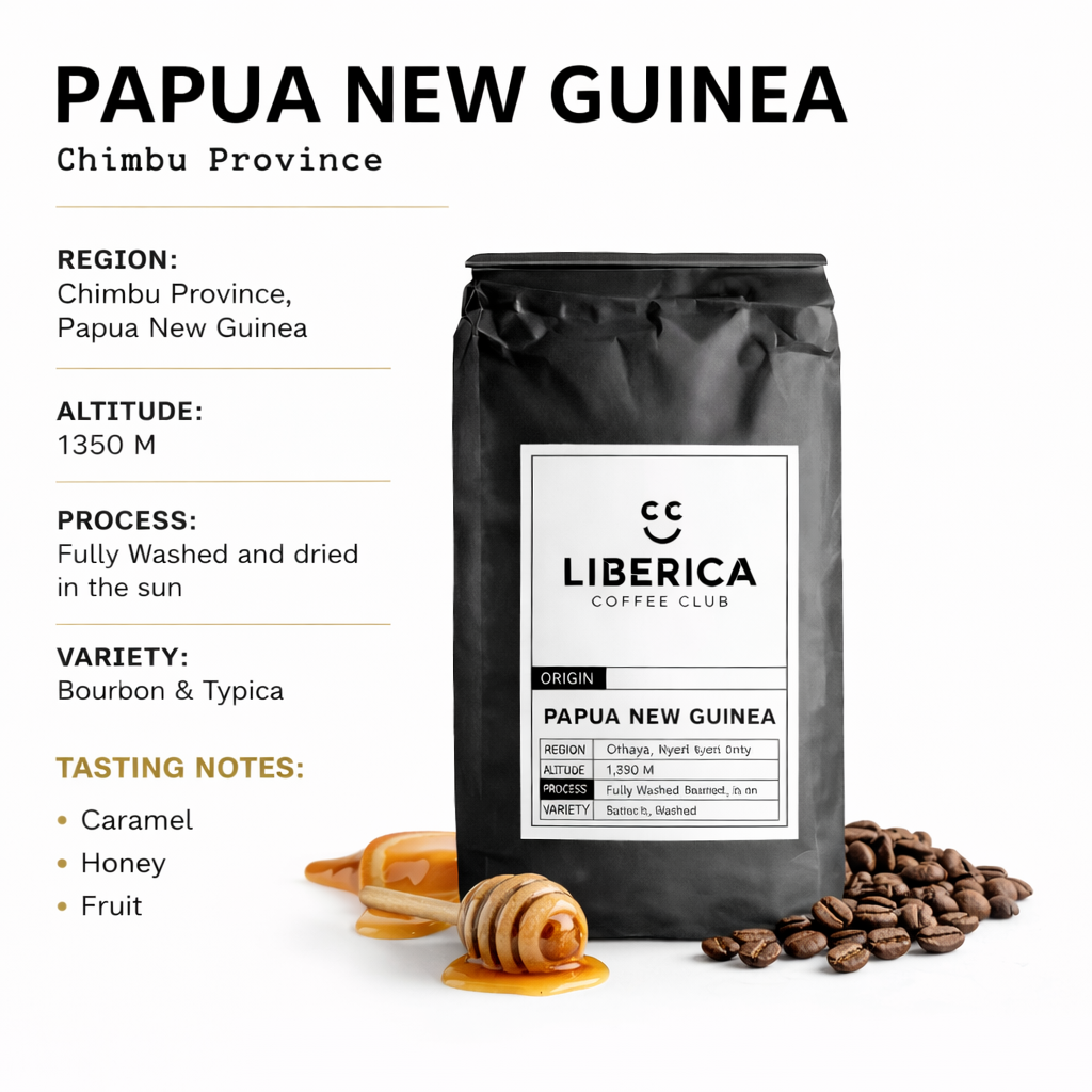Liberica Coffee Club Papua New Guinea coffee bag with coffee beans and flavor notes on a white background