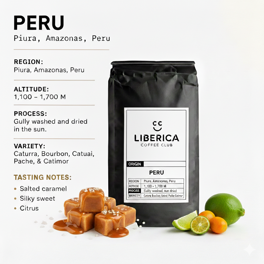 Liberica Coffee Club Peru coffee bag with coffee beans, caramel candies, and citrus fruits on a white background