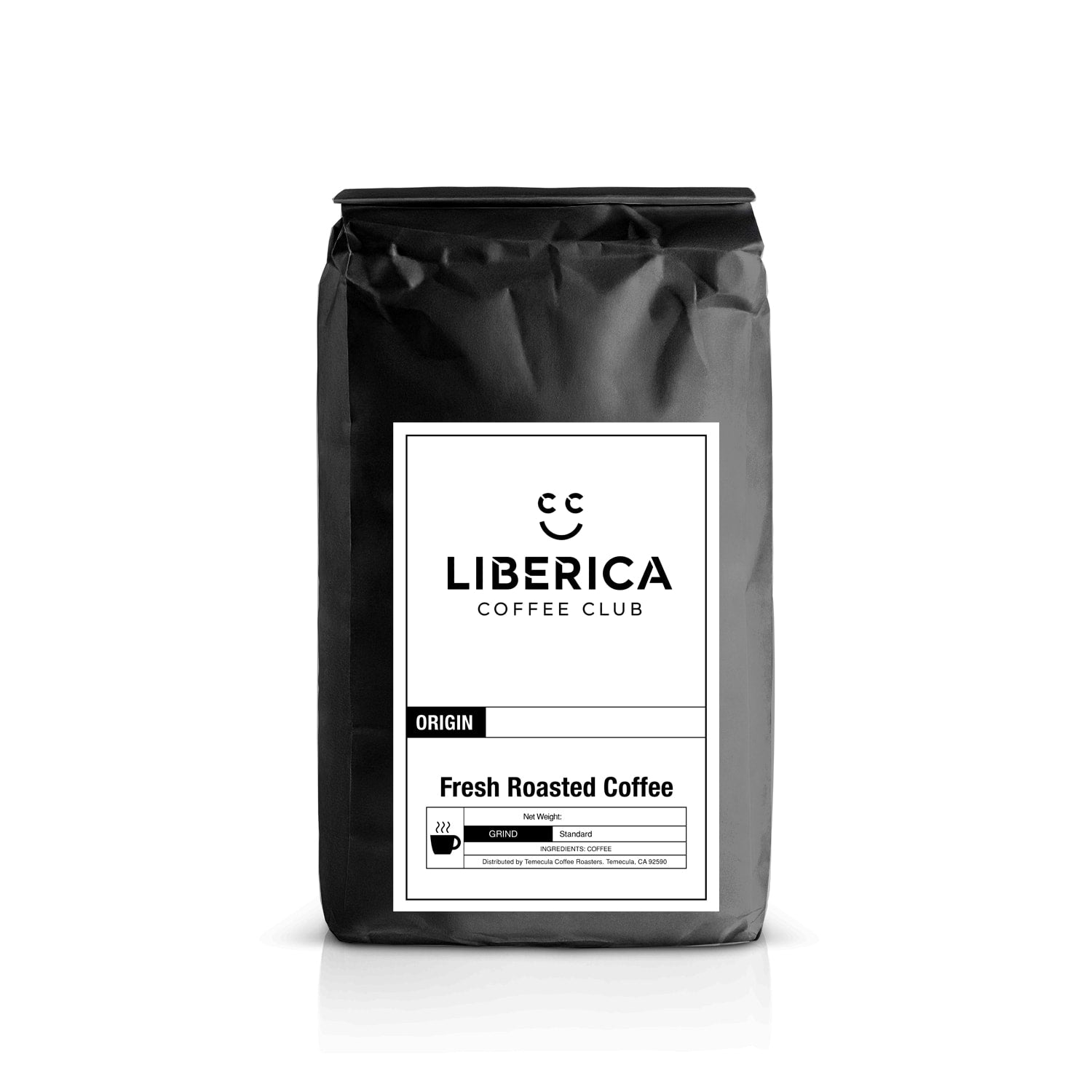 Black coffee bag with Liberica Coffee Club label on a white background
